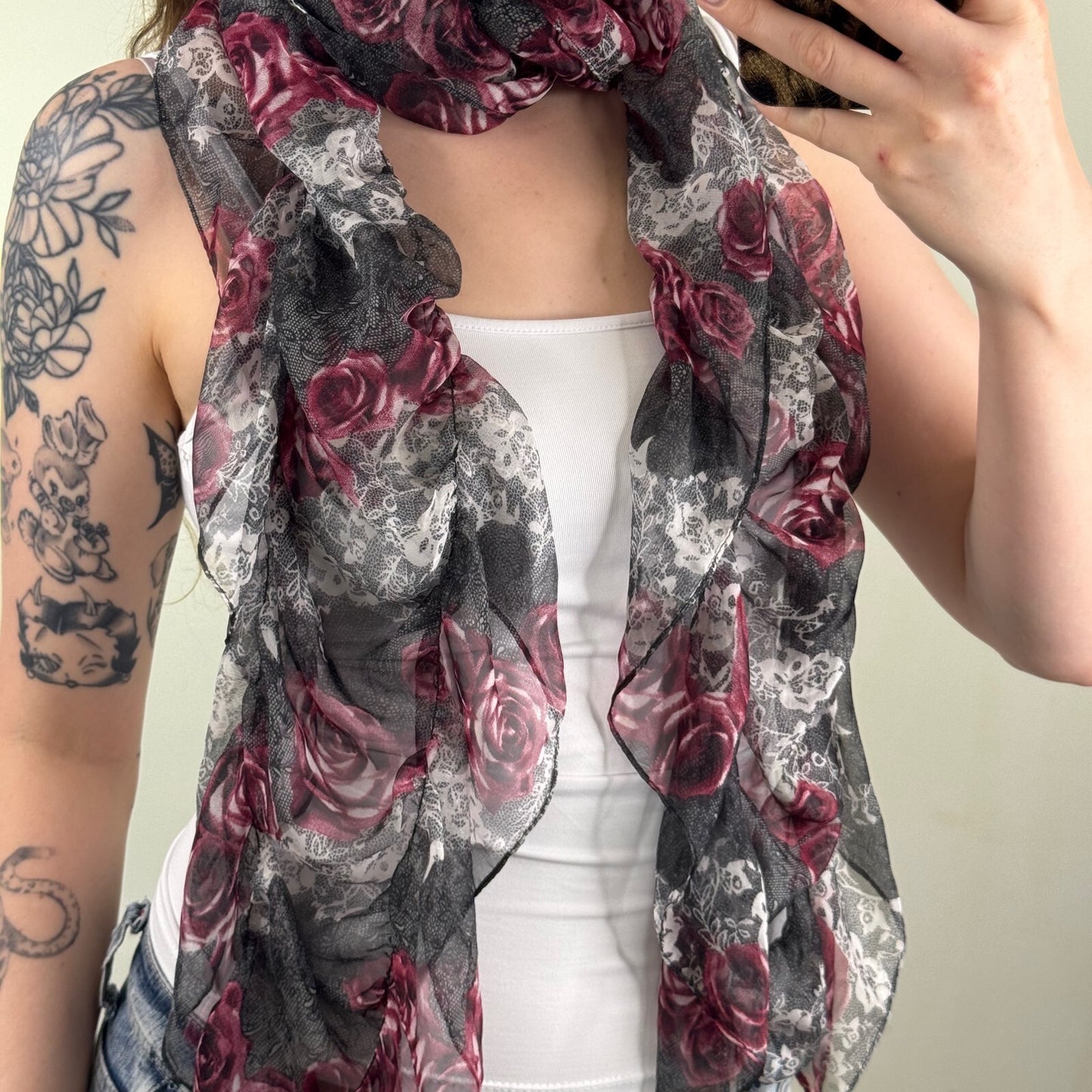 Y2K vintage scarf sheer rose floral lace pattern ruffle frill lightweight