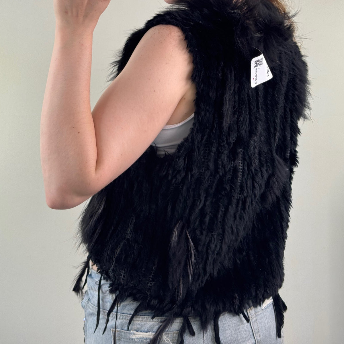 Vintage rabbit/ marmot gilet genuine fur collar trim sleeveless jacket black