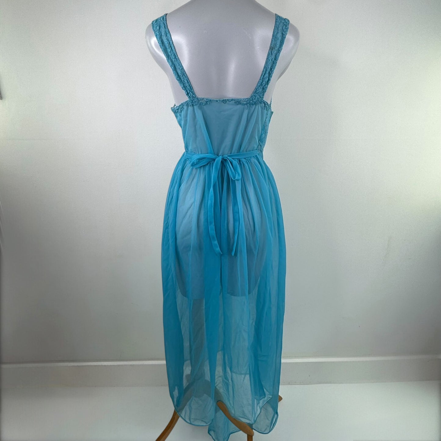 Vintage lingerie sheer maxi dress mesh lace trim bow coquette chiffon nightdress