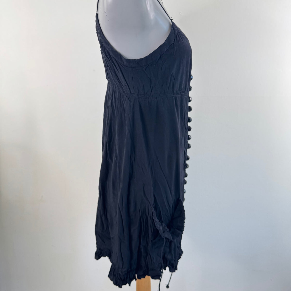Y2K vintage silk mini dress ruffle button up pockets fairy boho coquette black