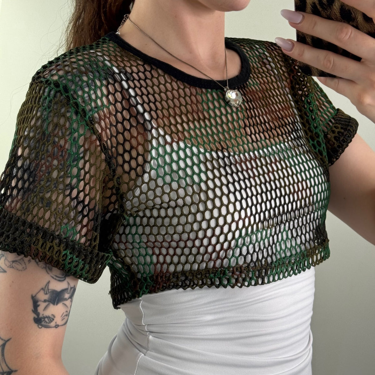 Y2K vintage super crop top camo print sheer short sleeve net sheer knit netted