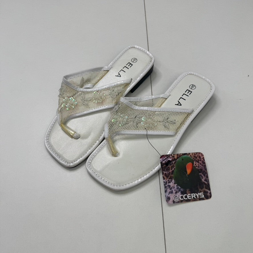 Y2K vintage sandals flip flops beaded mesh floral sequin square toe