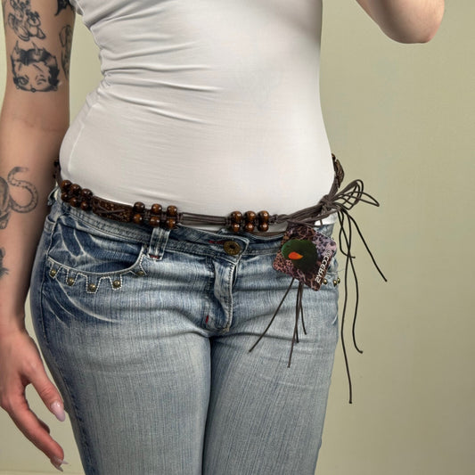Y2K vintage braided belt boho adjustable bow wooden beads