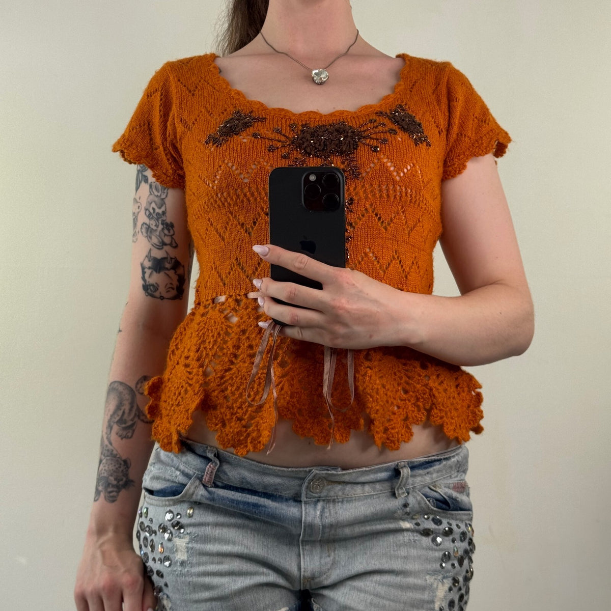 Y2K vintage mohair knit short sleeve top beaded floral embellished sheer bow