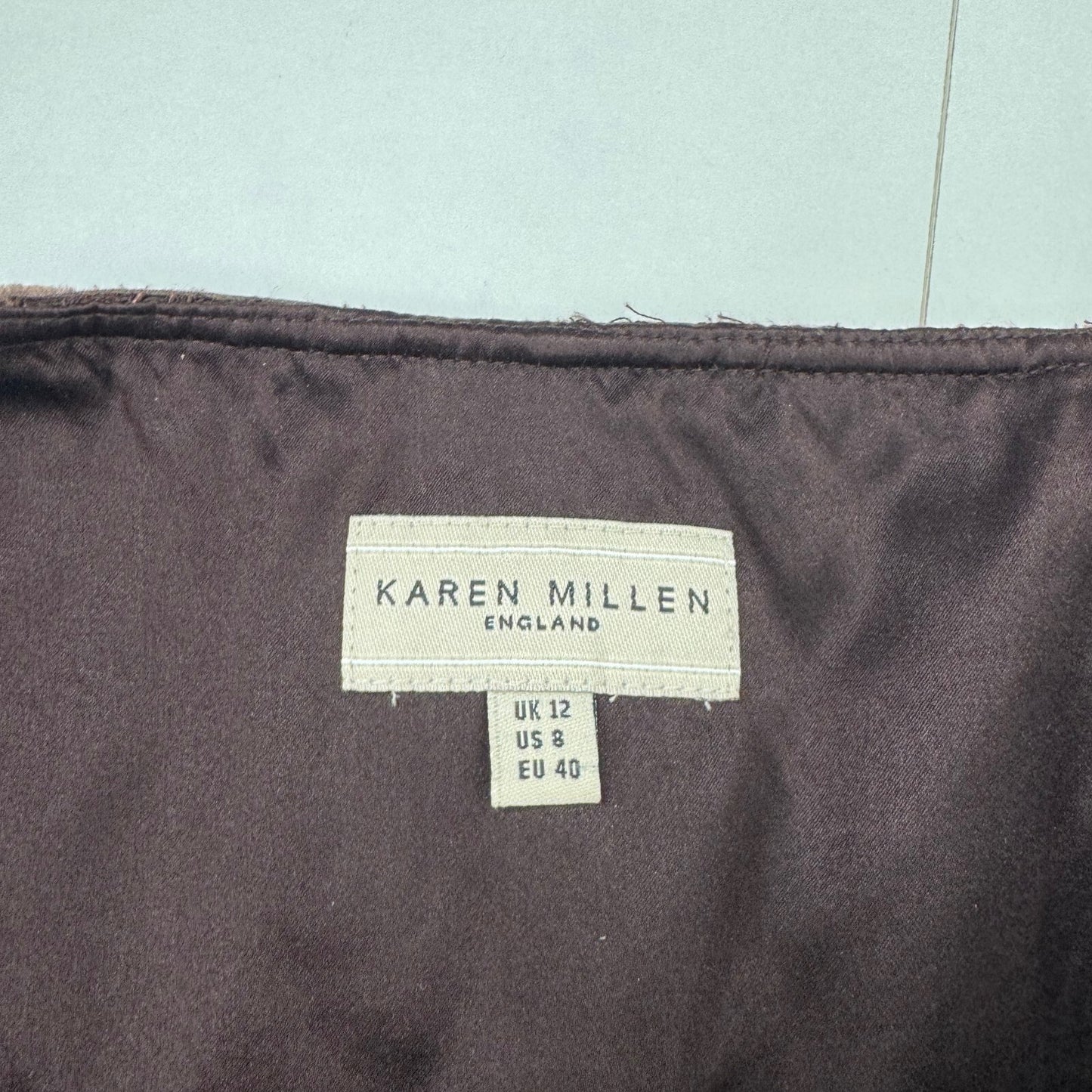 Y2K vintage Karen Millen midi skirt satin lace fairy boho mesh trim brown