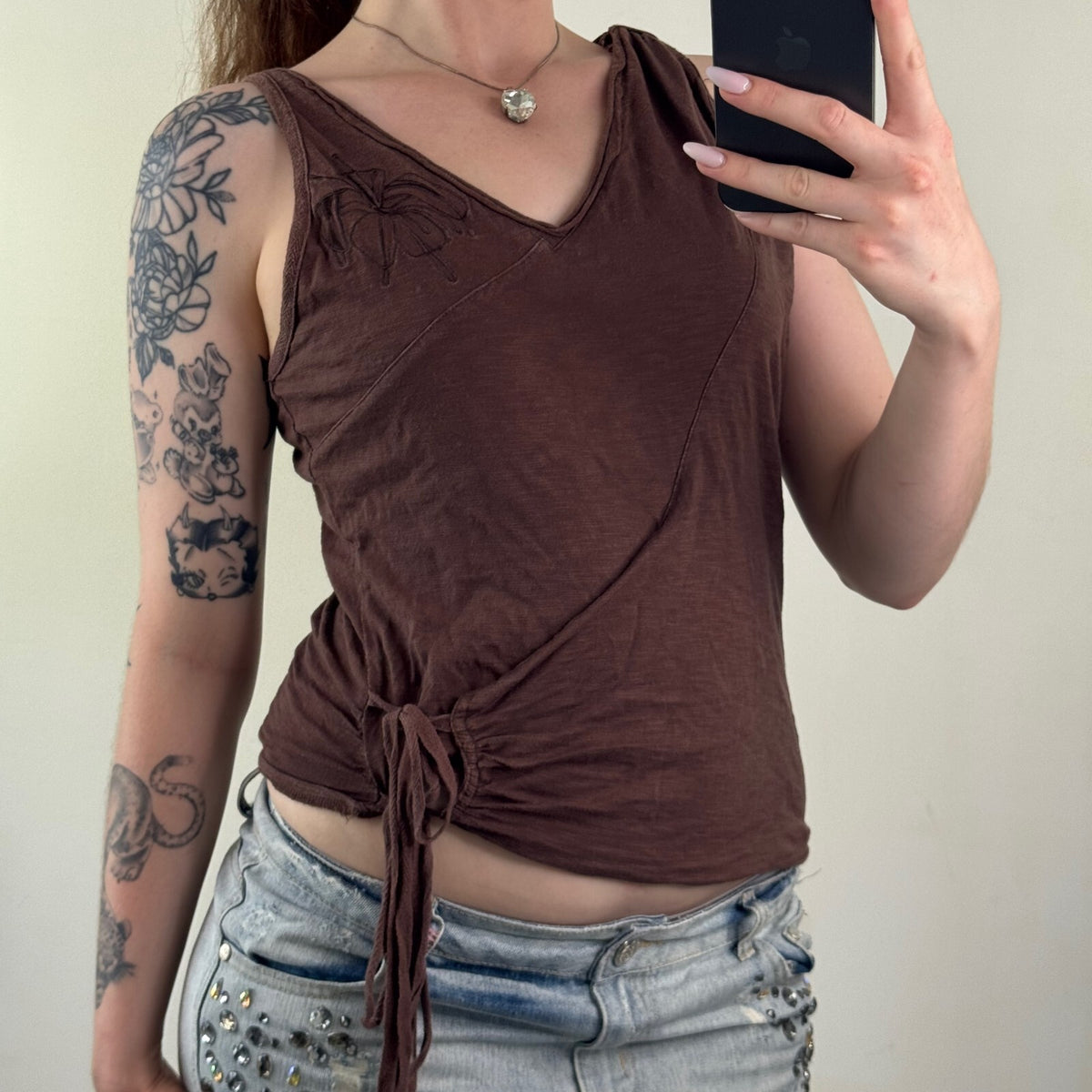 Y2K vintage tank top v neck wrap bow floral embroidery ruched asymmetrical