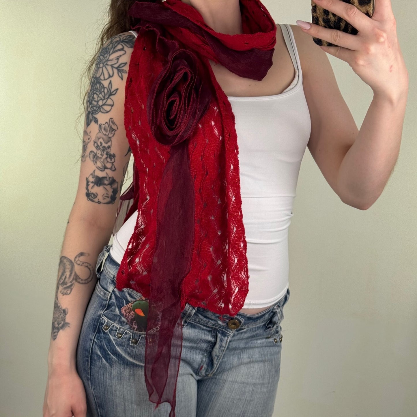 Y2K vintage scarf rose knit frilly red burgandy