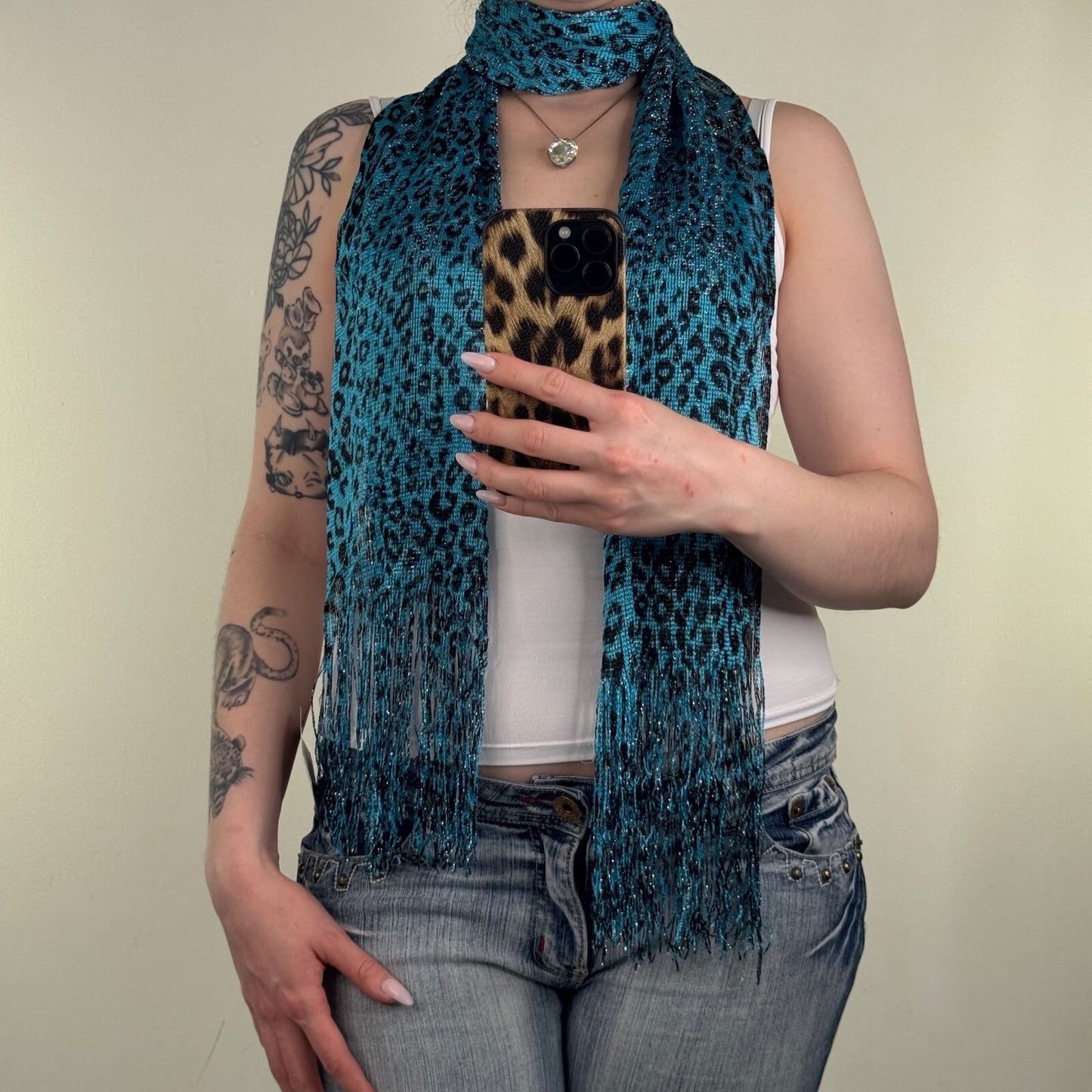 Y2K vintage scarf leopard print sparkly fringe blue black sheer knit