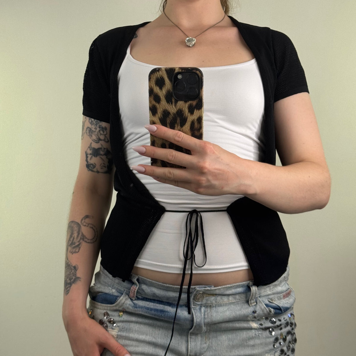 Y2K vintage cardigan short sleeve open front fine knit bow cover up top black