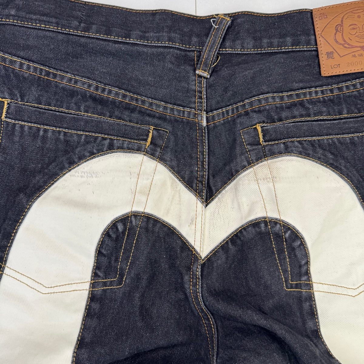 Y2K Vintage Evisu White Daicock Kamon Selvedge Jeans Dark Indigo Denim