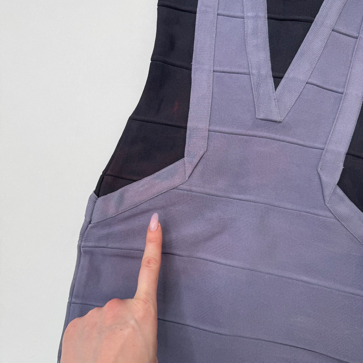 Vintage Hervé Léger bandage midi dress dusty lilac dark blue block colour