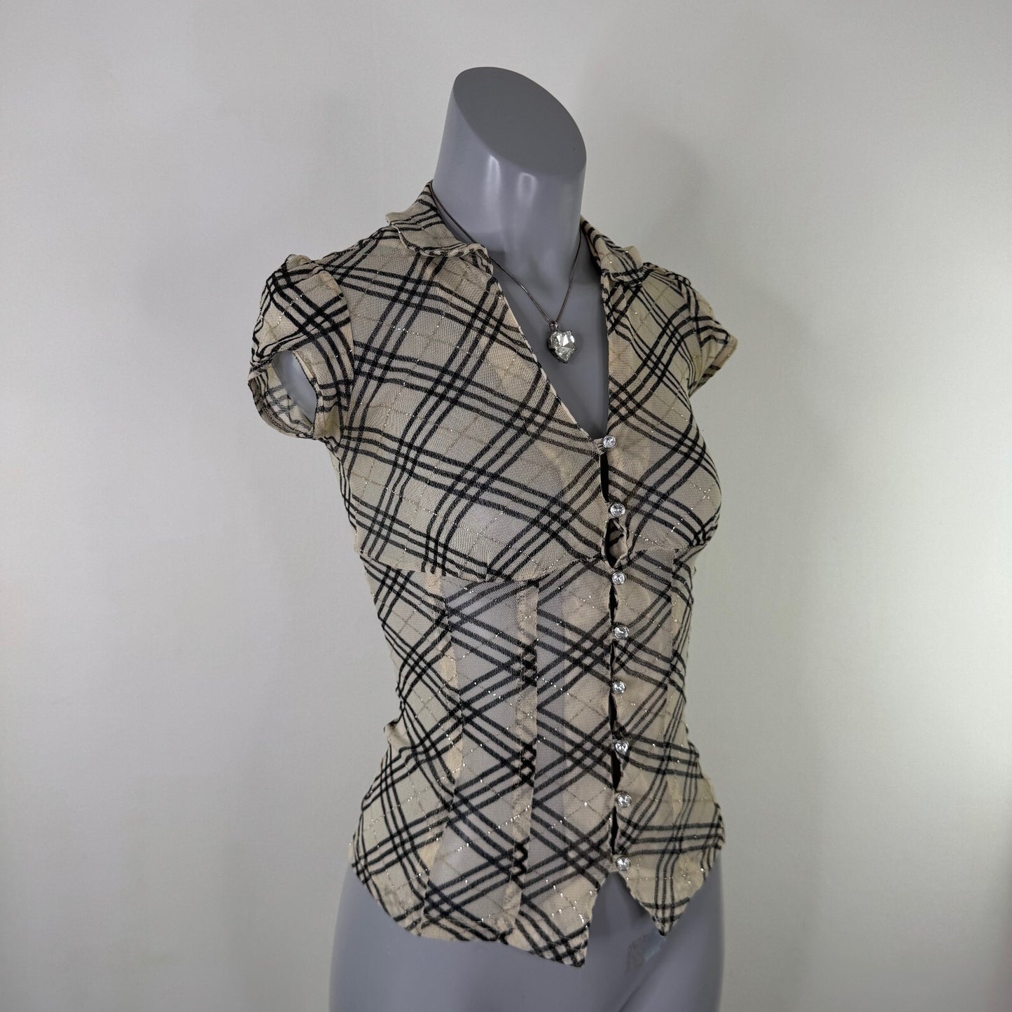 Y2K vintage Jane Norman short sleeve top mesh nova check sheer milkmaid lace up