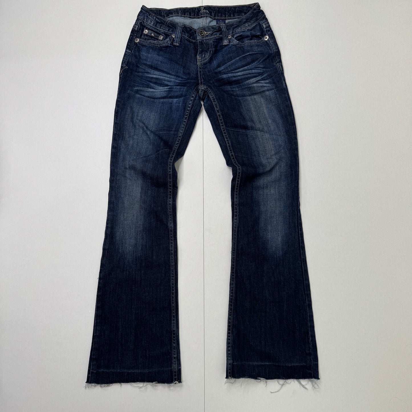 Y2K vintage low rise bootcut denim jeans dark blue wash stretchy faded