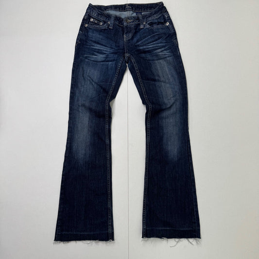 Y2K vintage low rise bootcut denim jeans dark blue wash stretchy faded