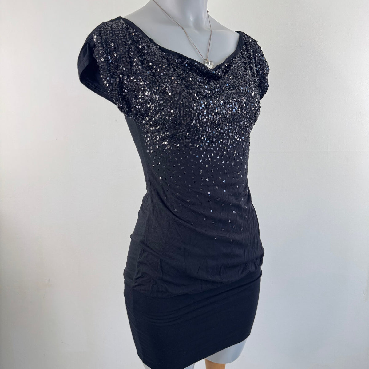Y2K vintage Jane Norman mini dress sequin peplum ruched slouchy fitted