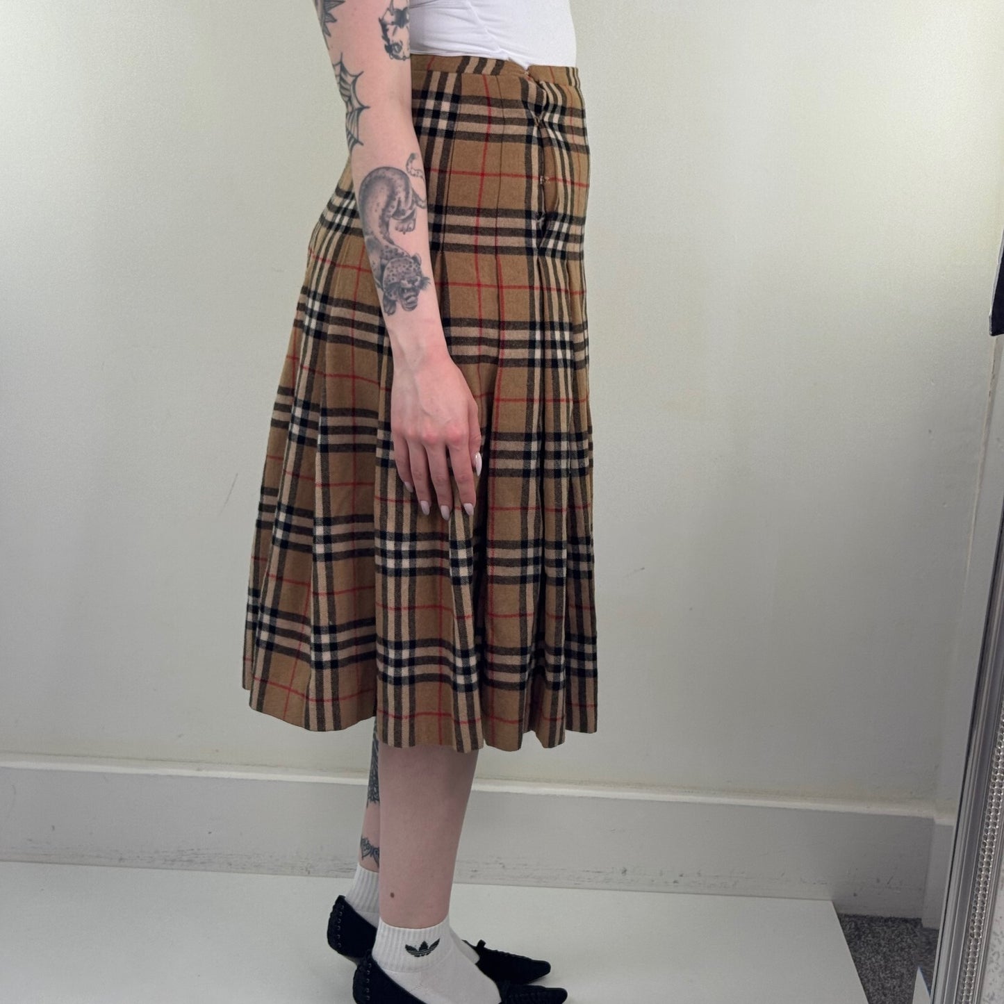 Y2K vintage midi skirt nova check print wool knit pleated a line beige