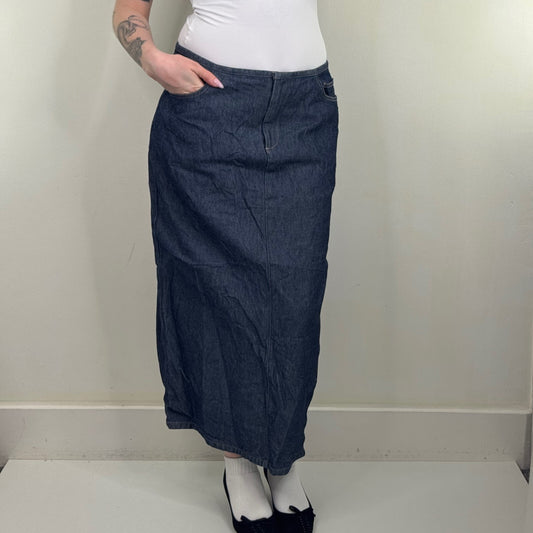Y2K vintage denim maxi skirt dark blue wash pockets slit full length