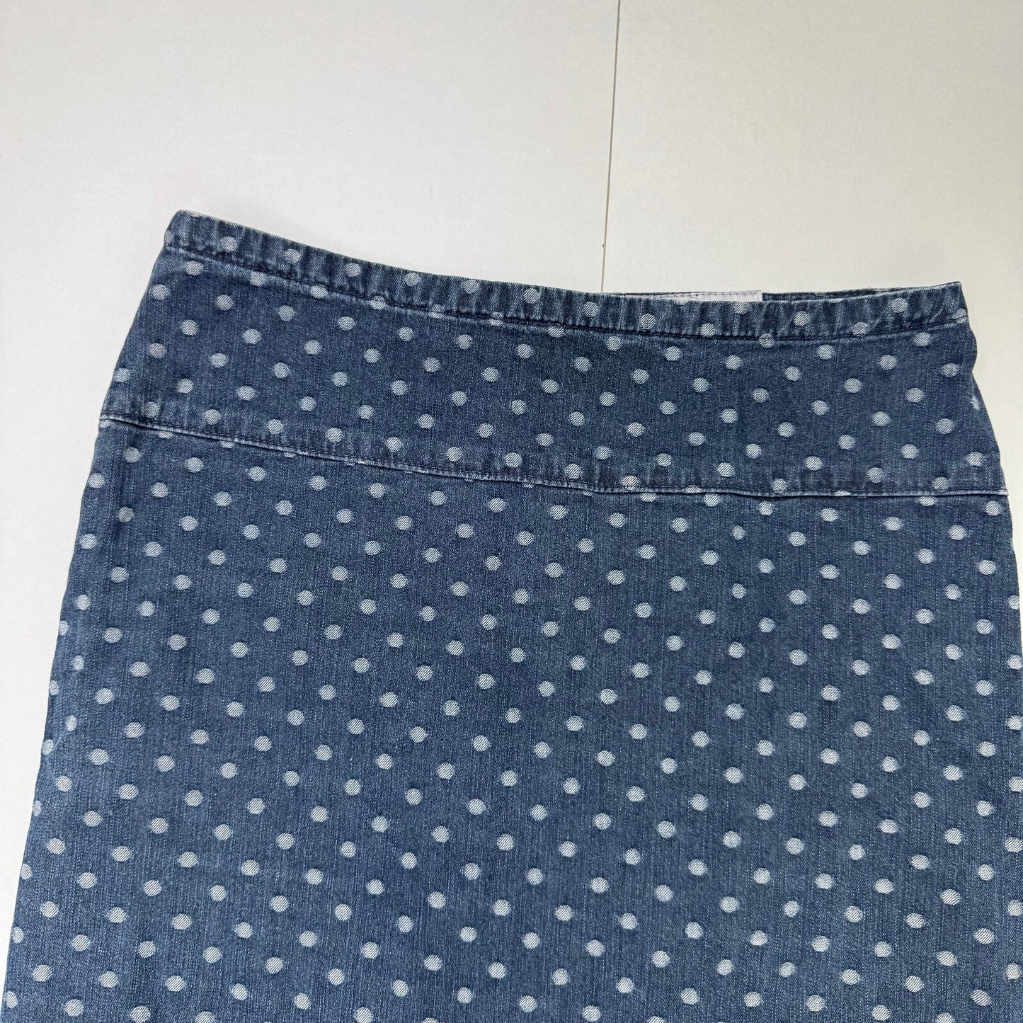 Y2K vintage Per Una midi skirt polka dot stretchy denim mid blue wash spots