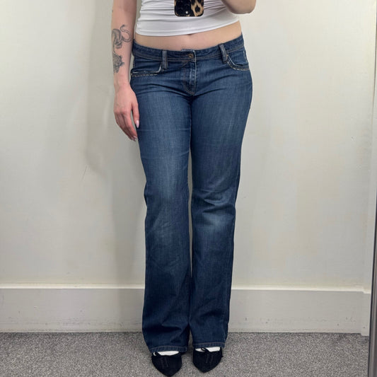 Y2K vintage bootcut denim jeans embroidery dark faded wash sequin distressed