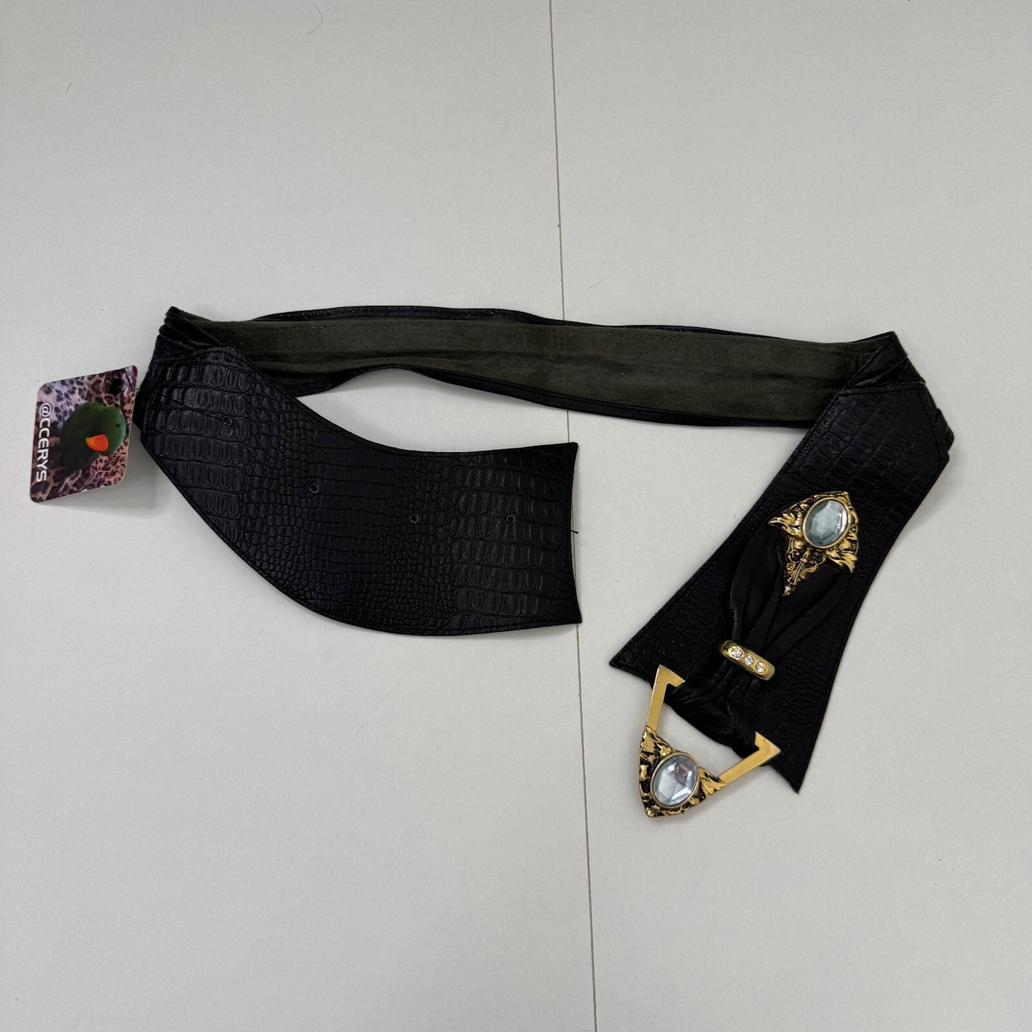Vintage genuine leather belt chunky rhinestone buckle asymmetrical croc oversize