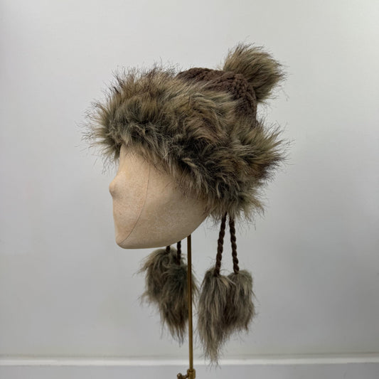 Y2K vintage trapper hat faux fur pom poms cable knit brown unisex