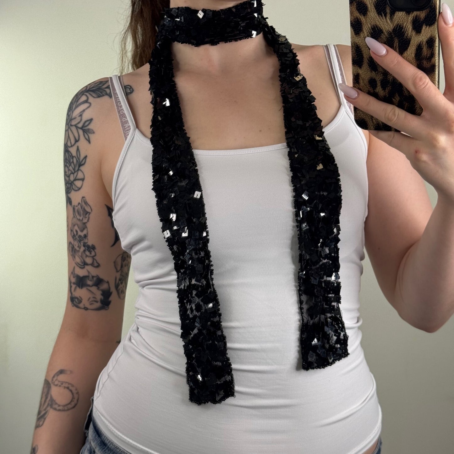 Y2K vintage scarf sequin skinny thin beaded mesh