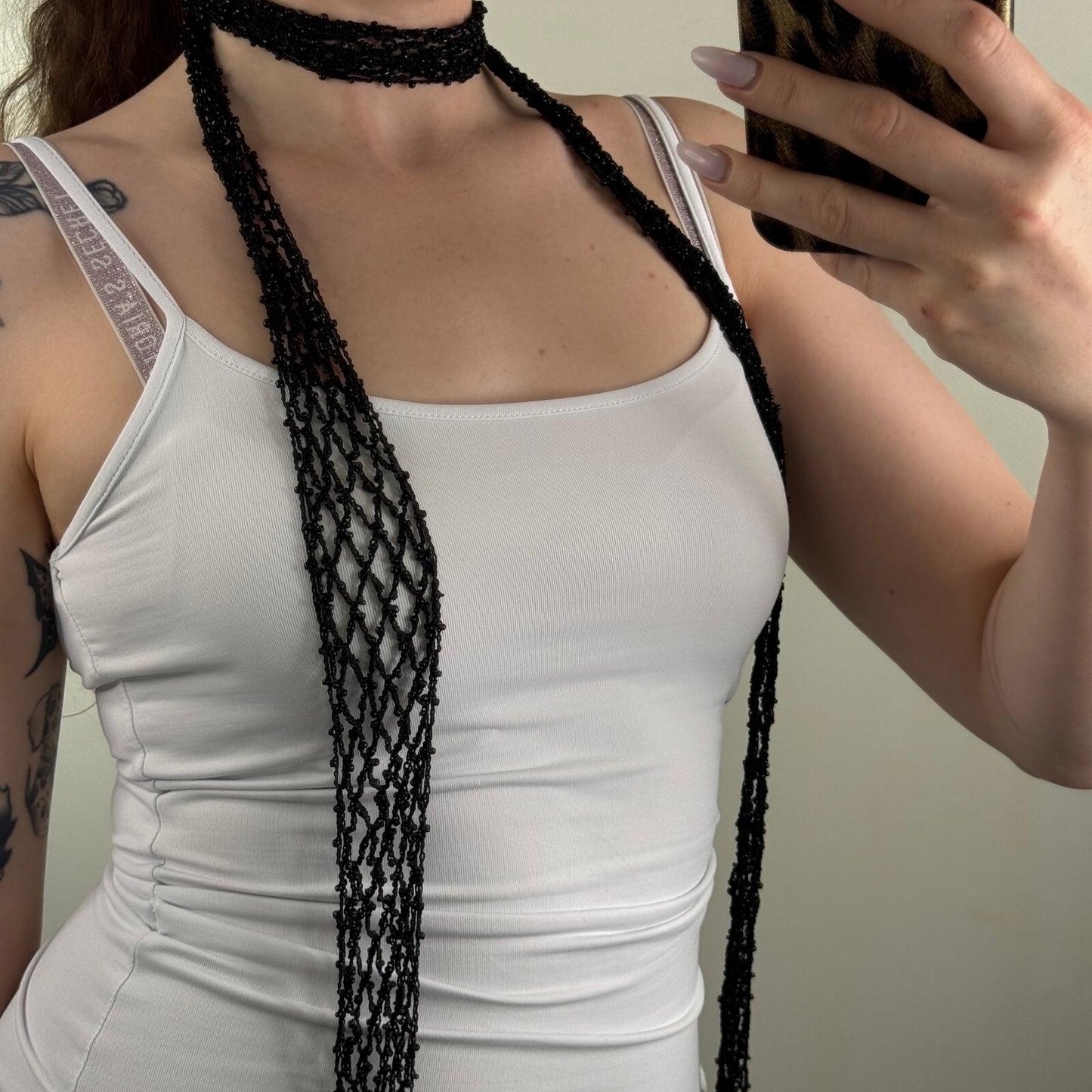 Y2K vintage beaded scarf skinny thin sheer black