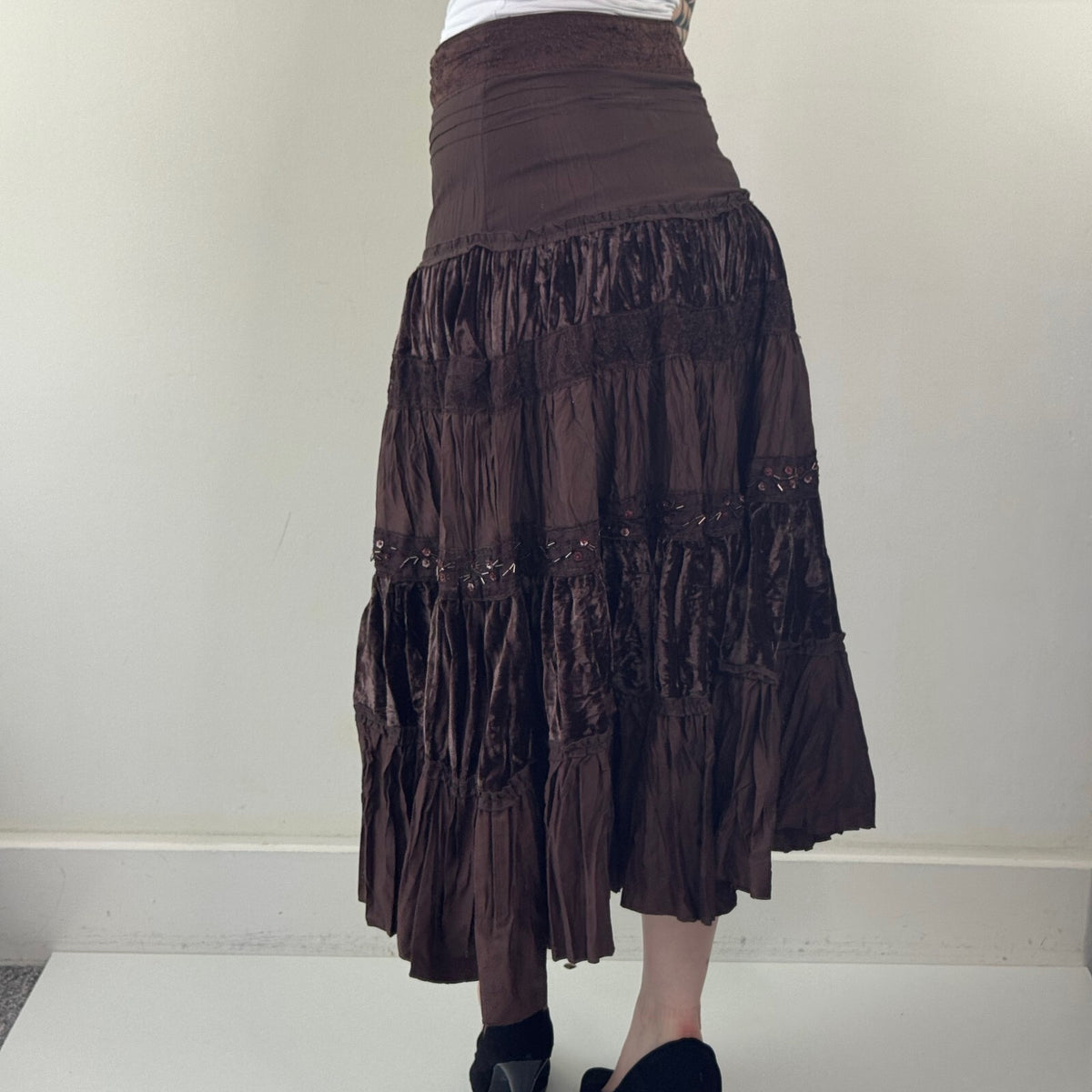 Y2K vintage maxi skirt boho a line tiered sequin velvet coquette fairy brown