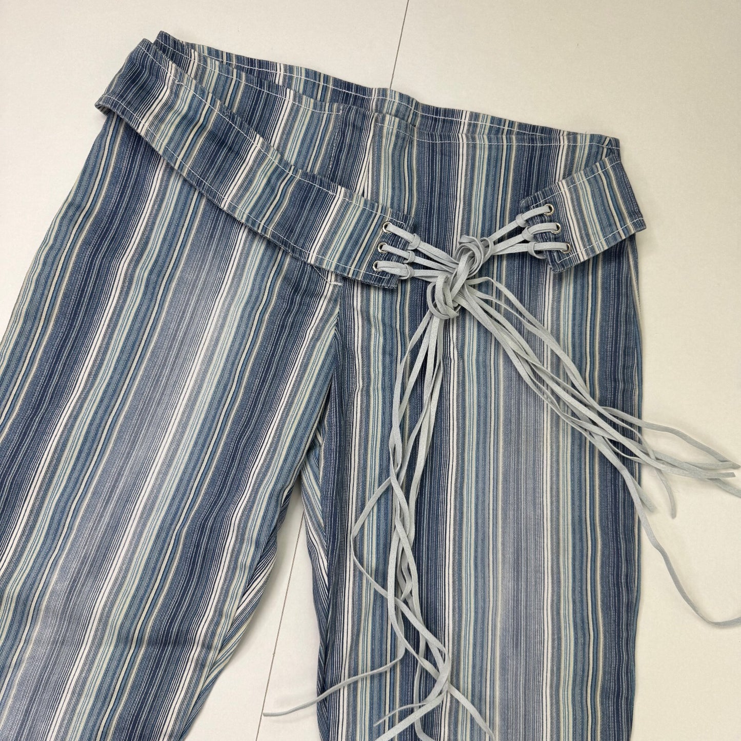 Y2K vintage tailored bootcut trousers pinstripe belt fringe blue stretchy