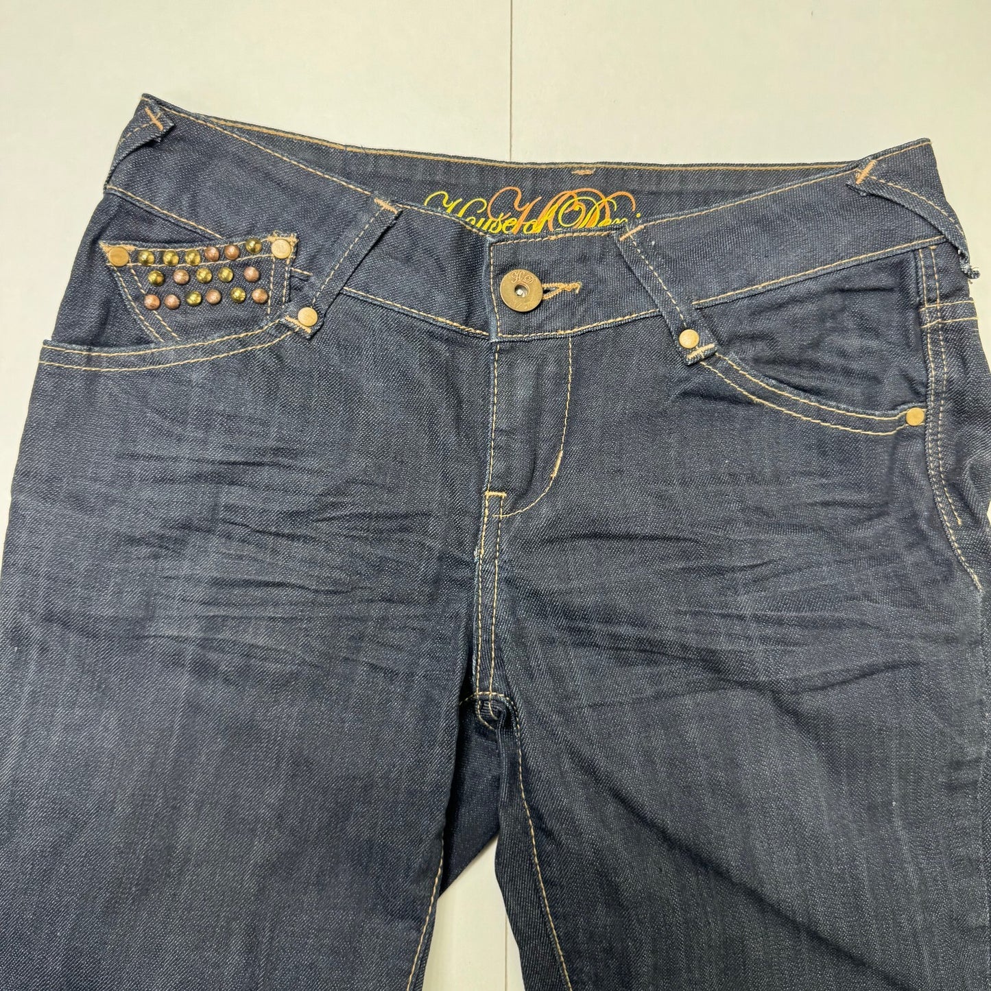 Y2K vintage low rise straight leg jeans dark blue denim wash studded cargo