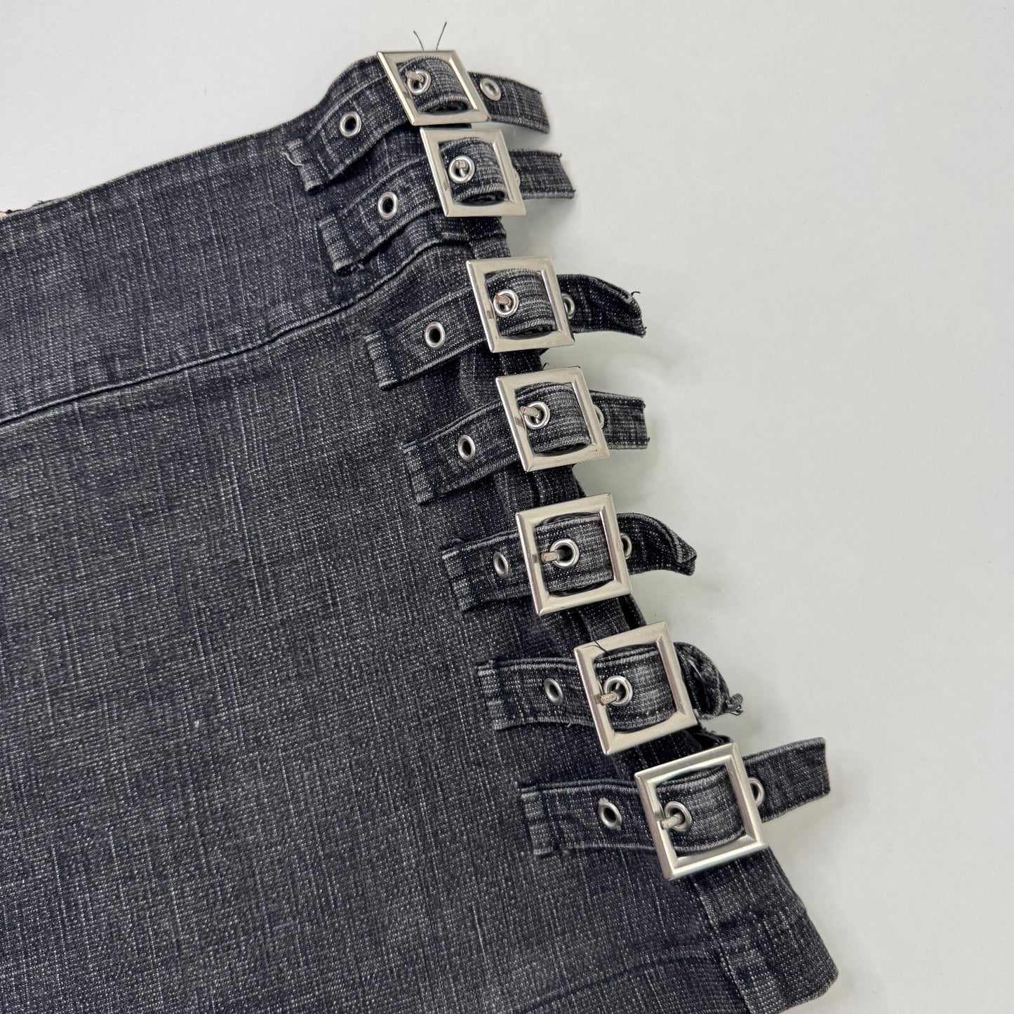 Y2K vintage denim mini skirt buckle stretchy alt archive dark grey eyelet