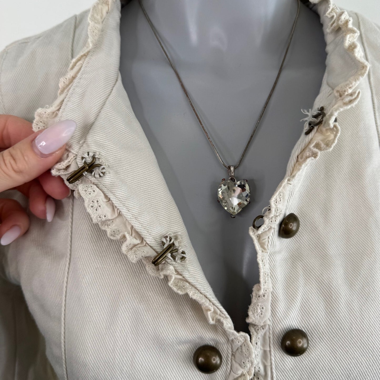 Y2K vintage military denim jacket hook and eye ruffle hem broderie anglaise
