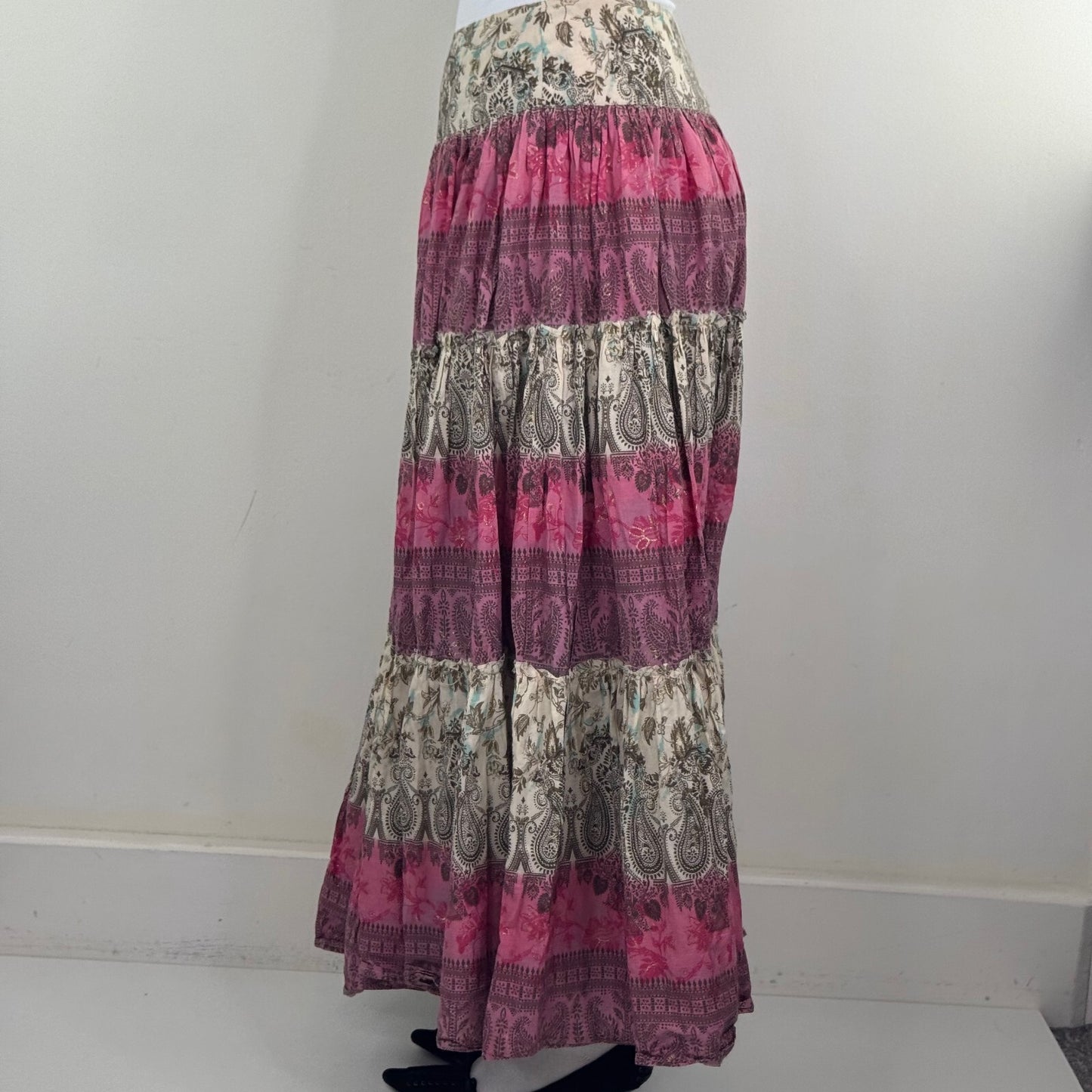 Y2K vintage maxi skirt boho patchwork tiered paisley floral pink cream purple