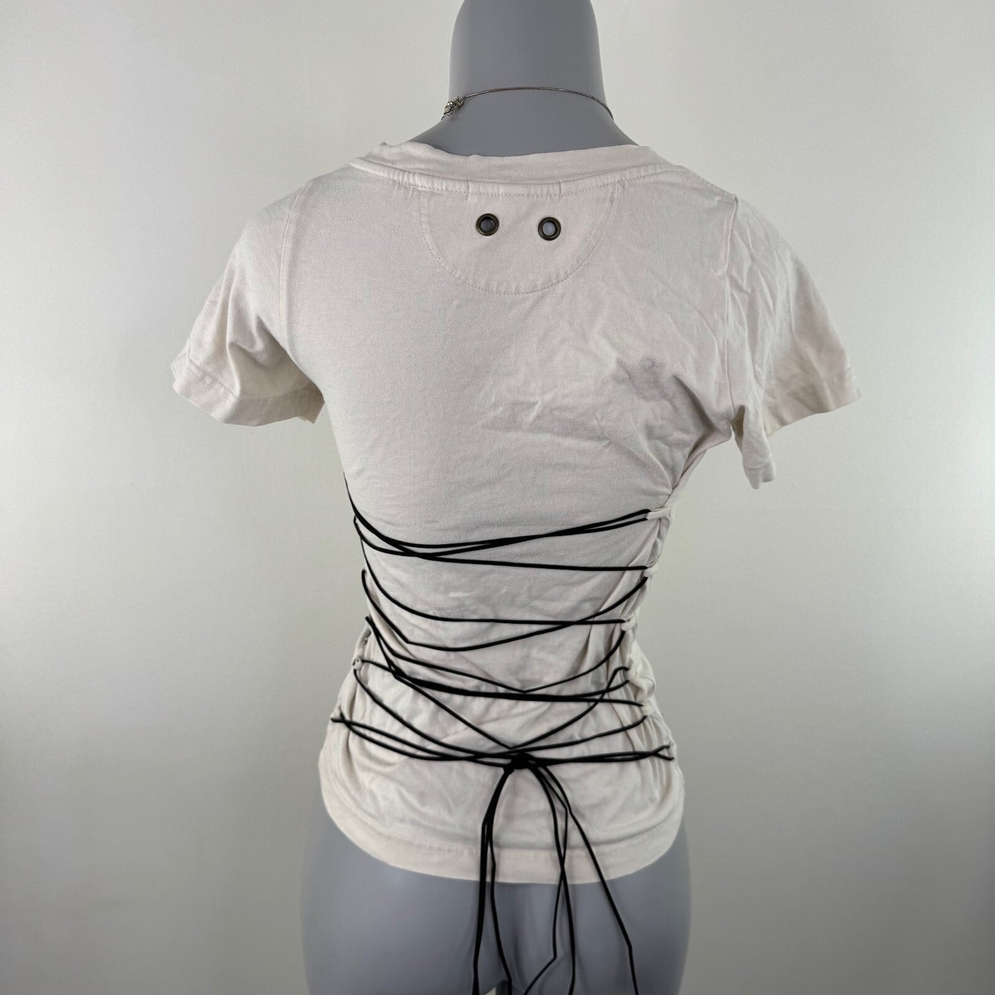 Y2K vintage v neck t-shirt short sleeve top lace up barbed wire fitted 90s
