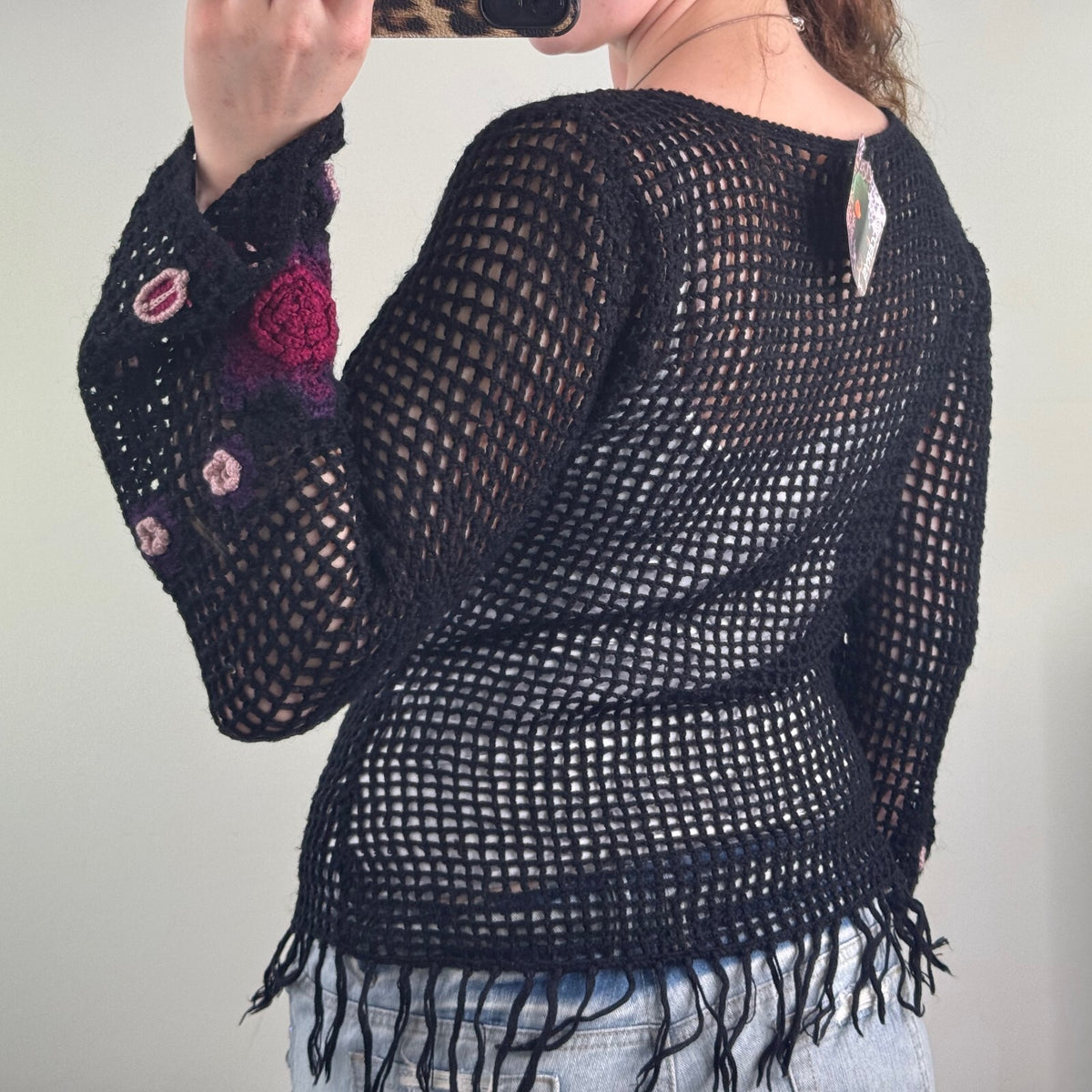 Y2K vintage crochet jumper knit floral pattern flare long sleeve fringe v neck
