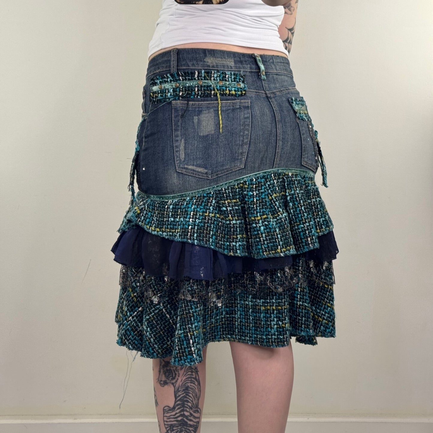 Y2K vintage midi skirt denim tartan patchwork tiered floral layered boho faded