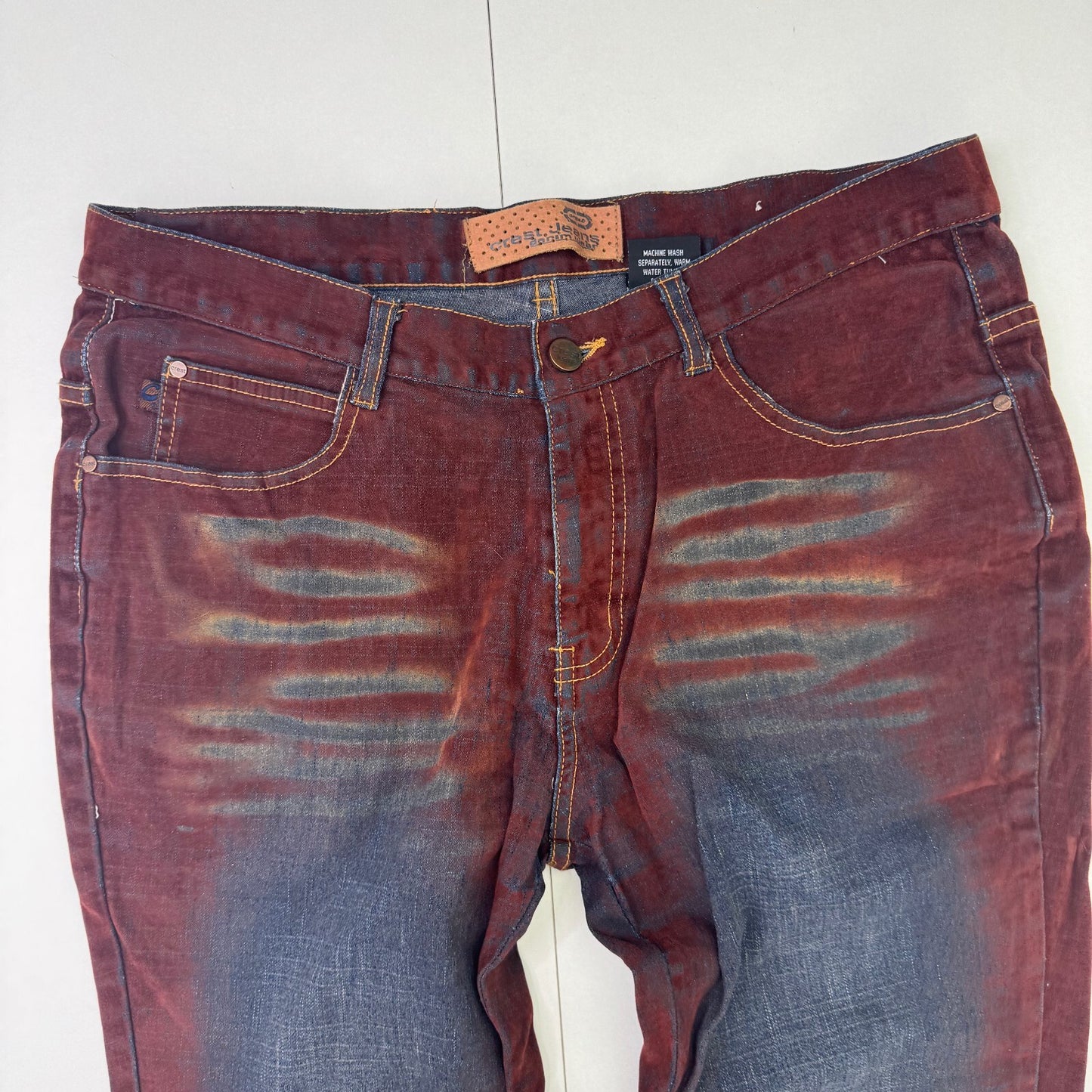 Y2K vintage faux suede jeans denim straight leg blue burgundy contrast stitch