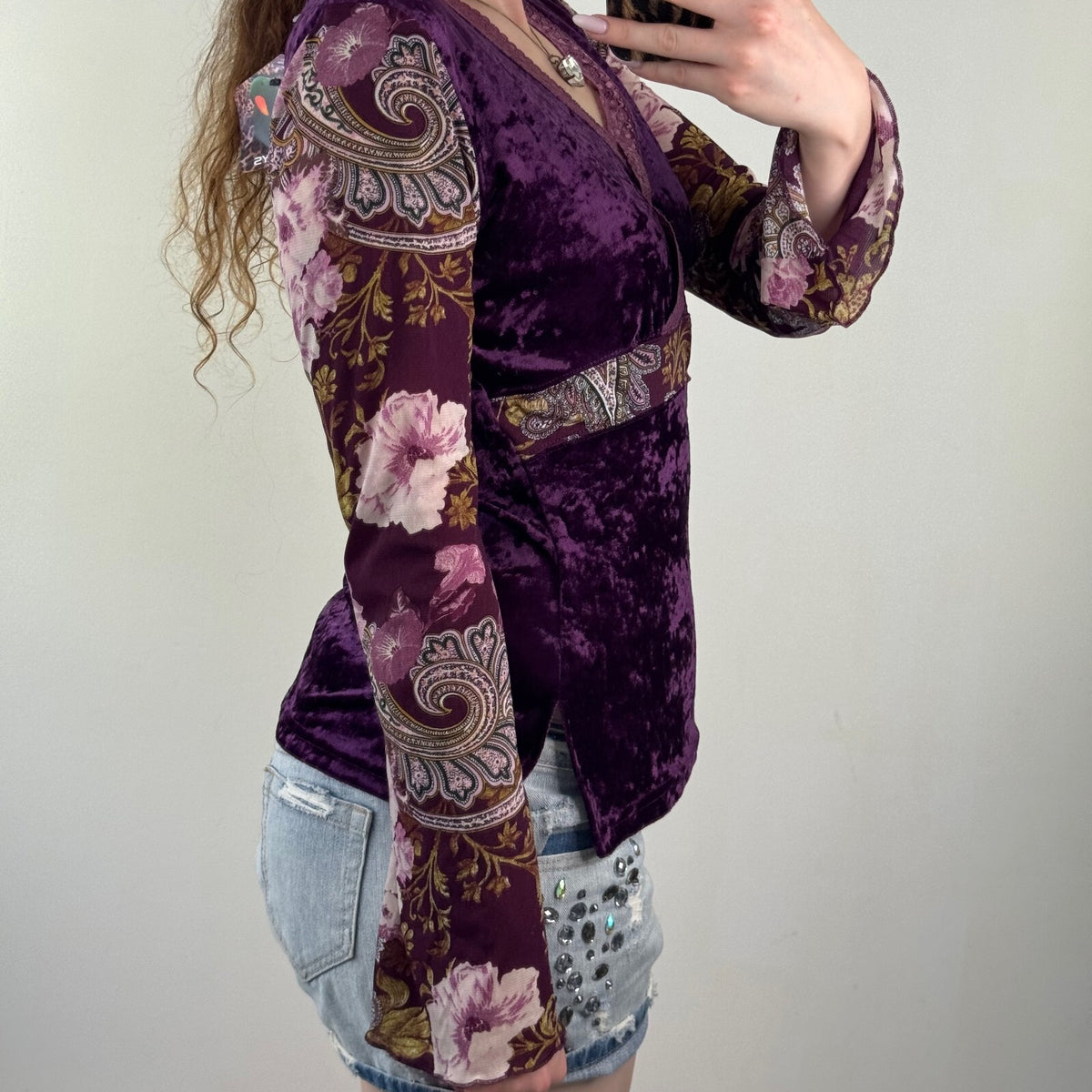 Y2K vintage flare sleeve top boho patchwork lace trim v neck velvet mesh paisley