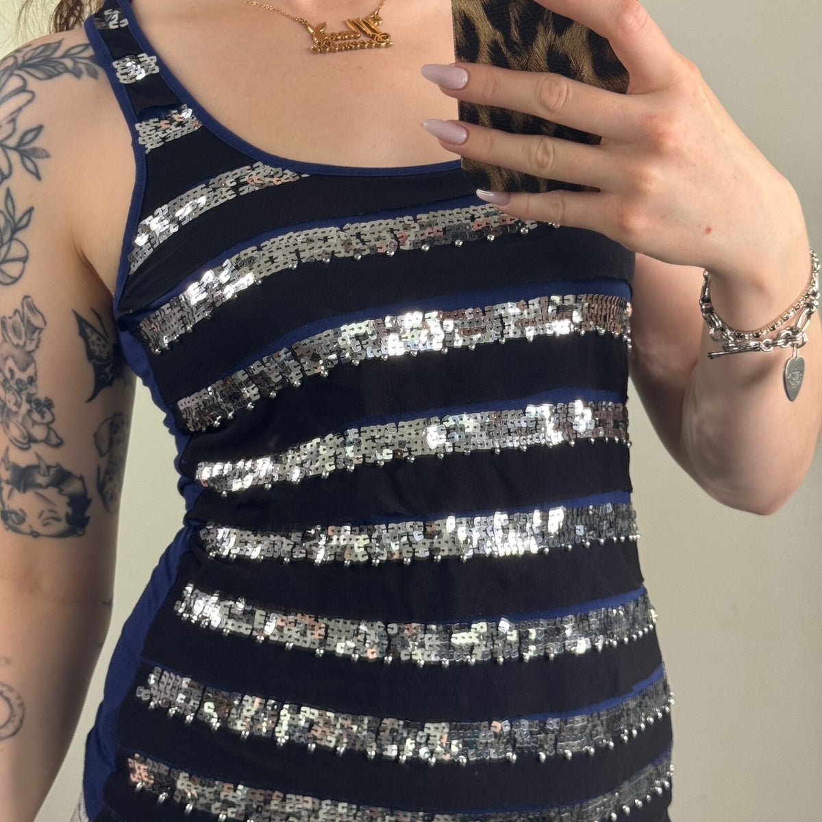 Y2K vintage Jane Norman tank top sequin mesh stripe racerback scoop neck