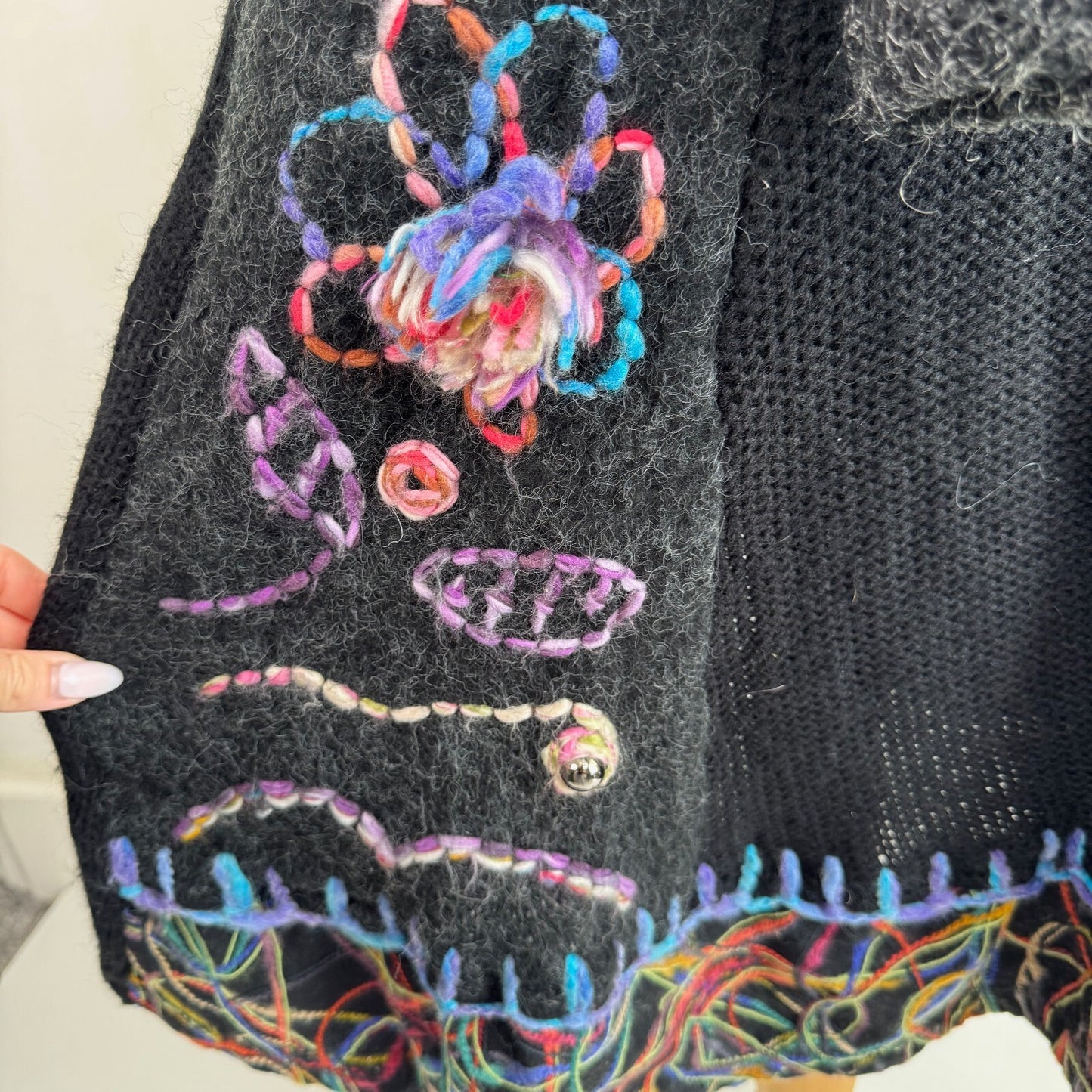 Y2K vintage mohair wool cardigan blend abstract pattern floral long scoop neck
