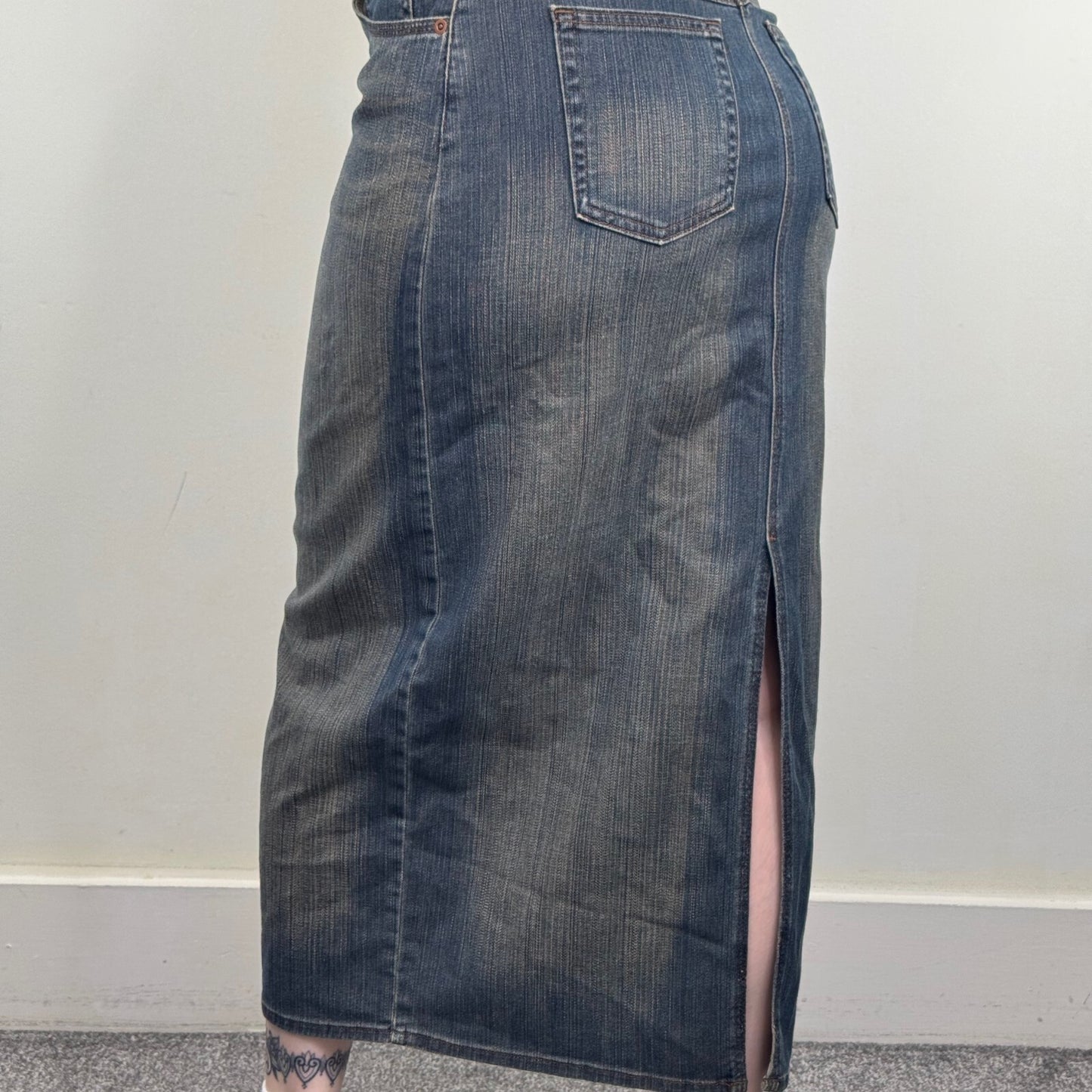 Y2K vintage denim maxi skirt denim dirty blue wash stretchy slit full length