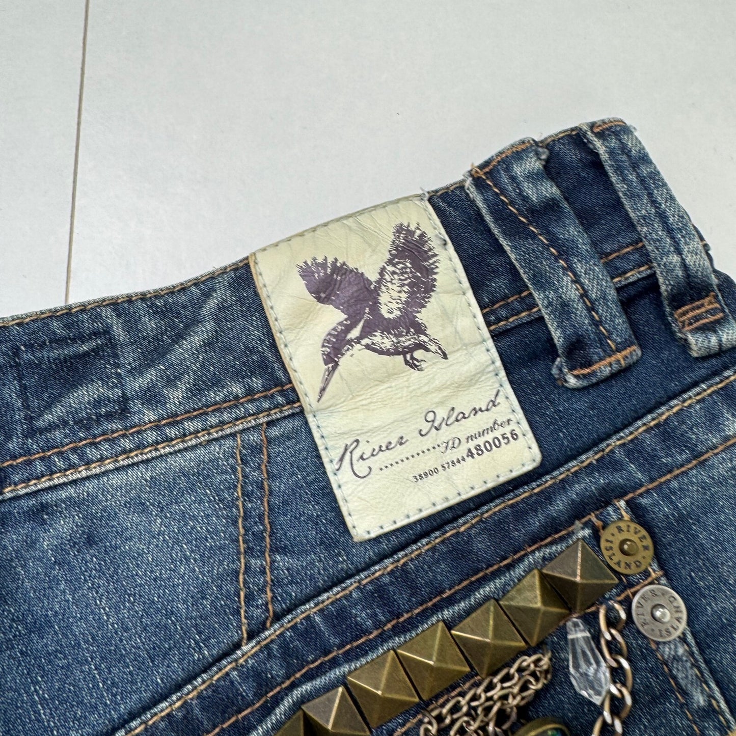 Vintage denim mini shorts super low rise stud embellished lace chain stretchy
