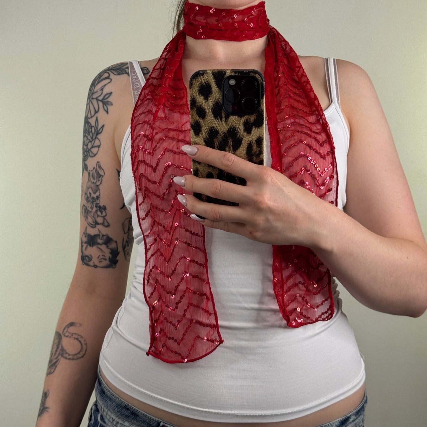 Y2K vintage scarf sequin embellished chevron mesh sheer skinny thin