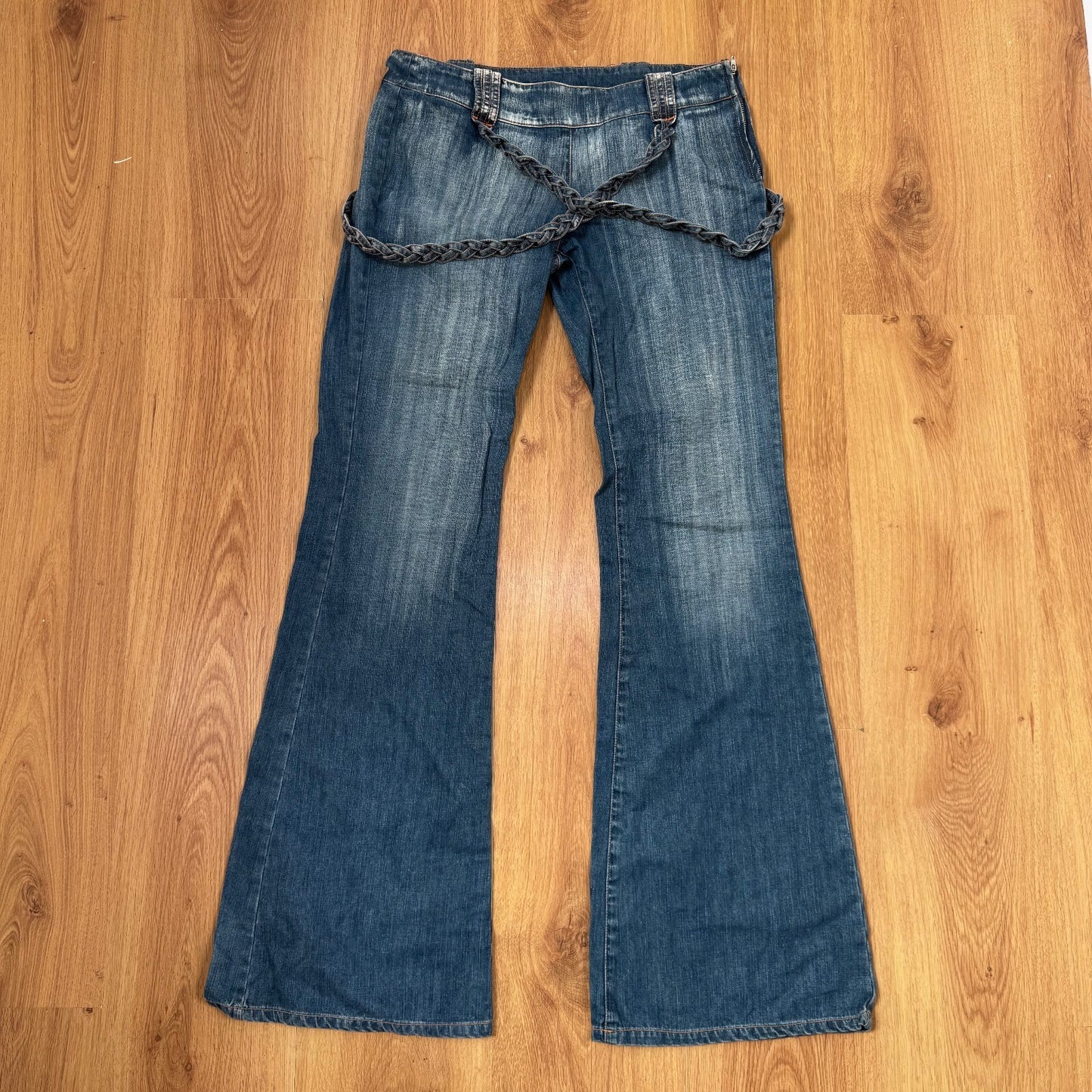 Y2K vintage bootcut denim jeans low rise braided faded mid blue wash