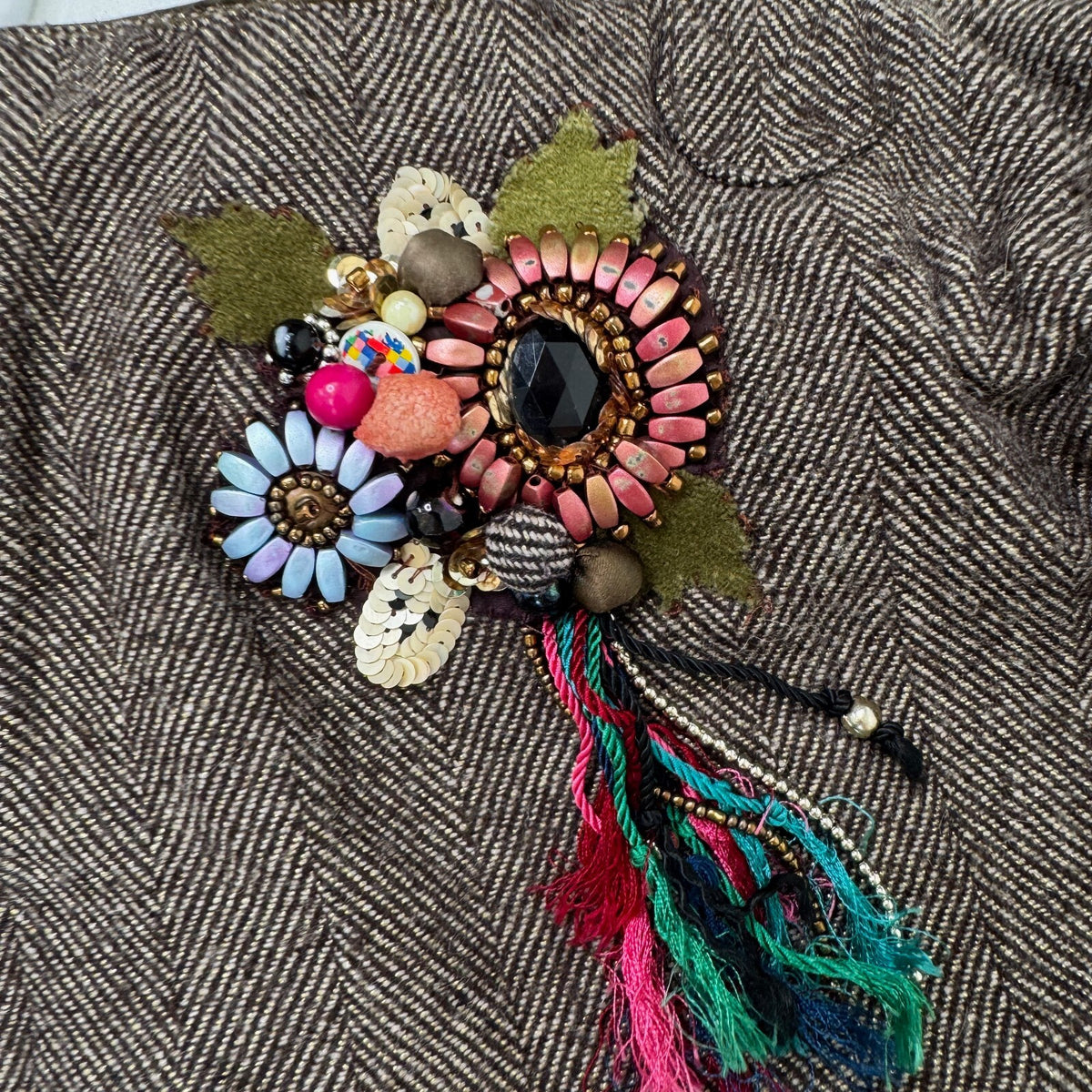Y2K vintage large shoulder bag tweed boho slouchy floral embellished sparkly