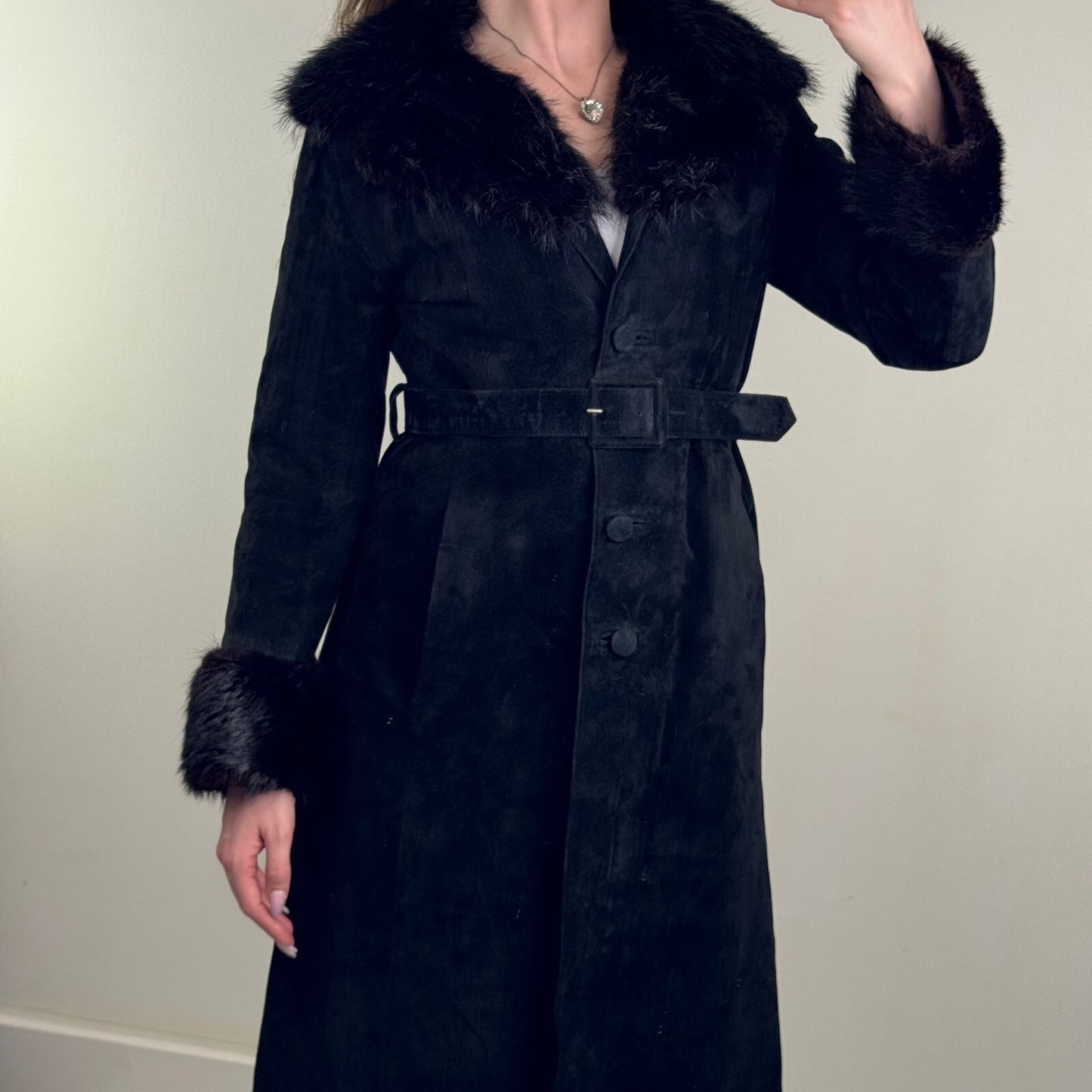 Vintage genuine fur / suede trench coat with belt button up lined classic midi