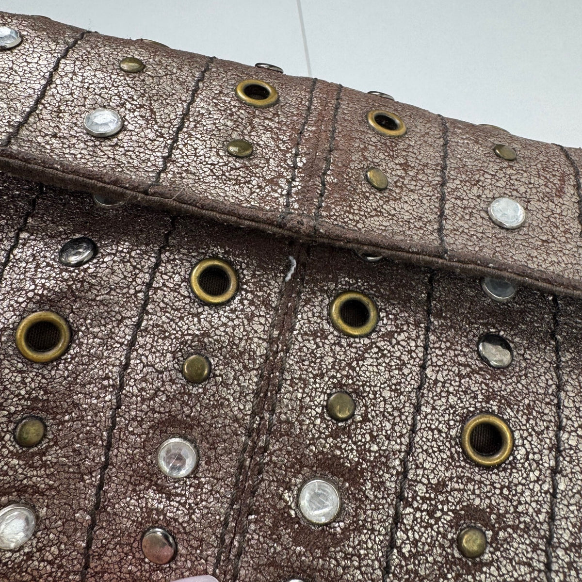 Vintage Y2K clutch mini small evening bag studs rhinestones metallic distressed