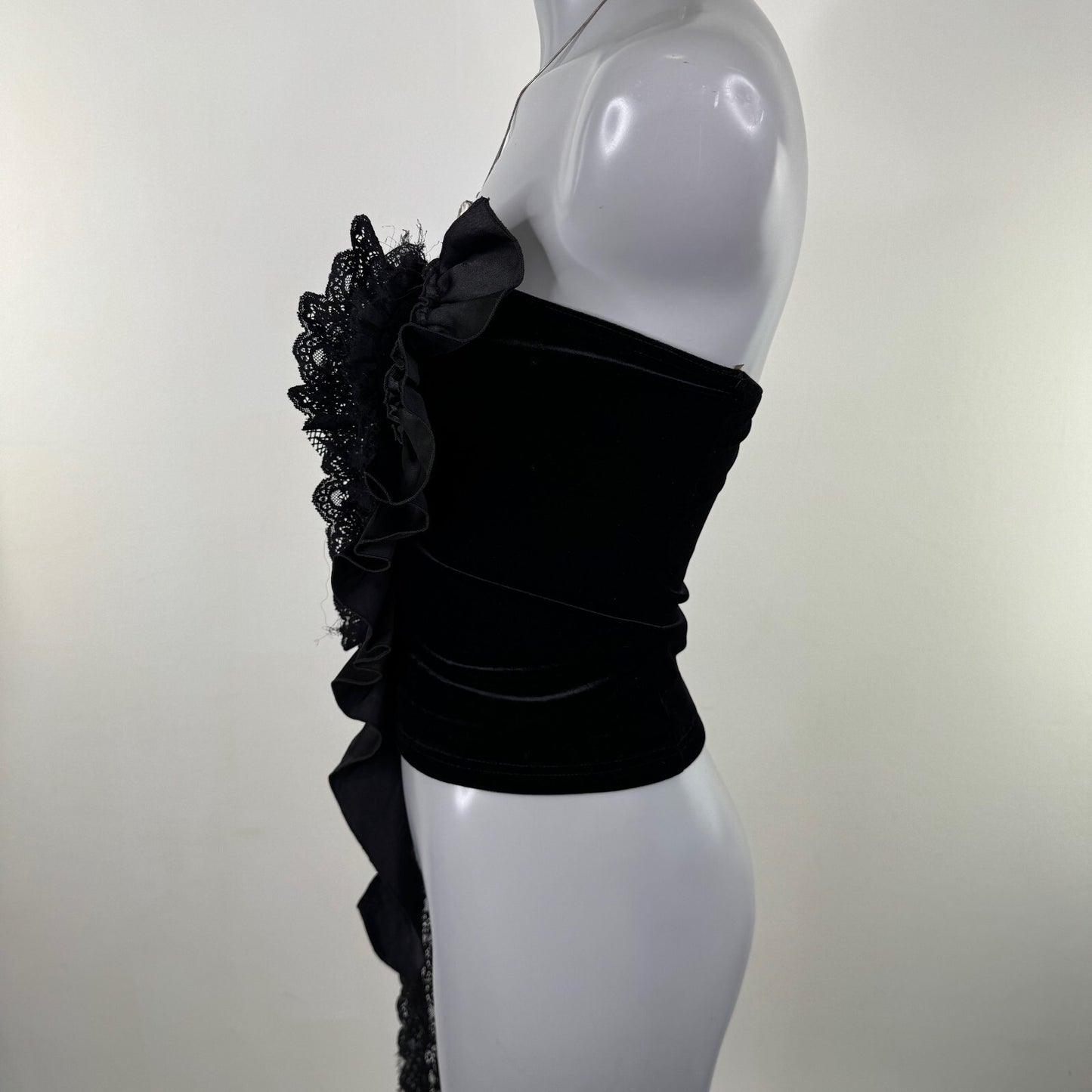 Y2K vintage strapless top ruffle velour fishnet ruched asymmetrical patchwork