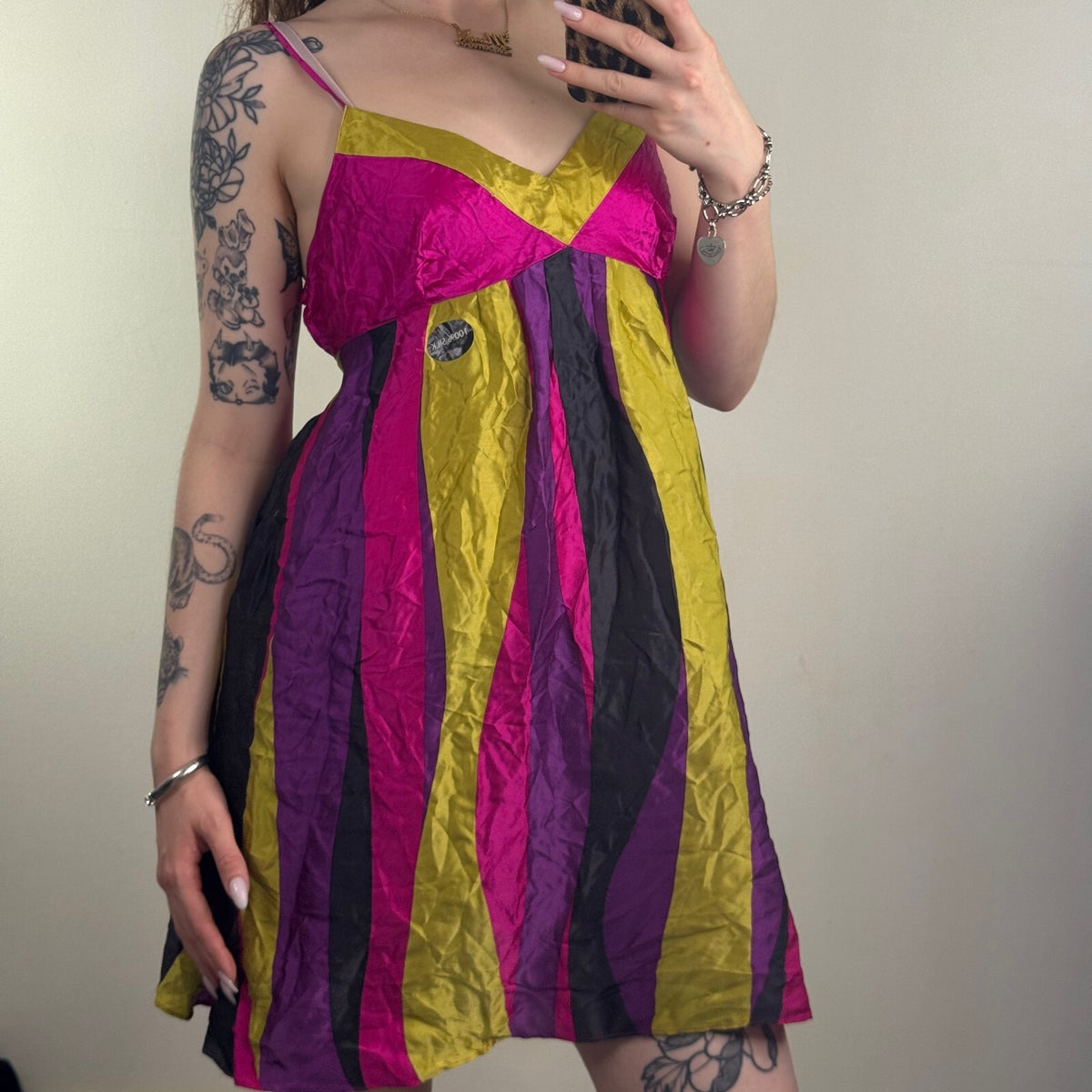 Y2K vintage 100% silk cami top stripe tie back bow babydoll strappy long tunic