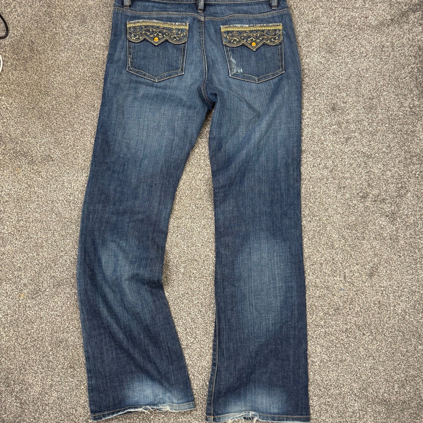Y2K vintage bootcut denim jeans embroidery dark faded wash sequin distressed
